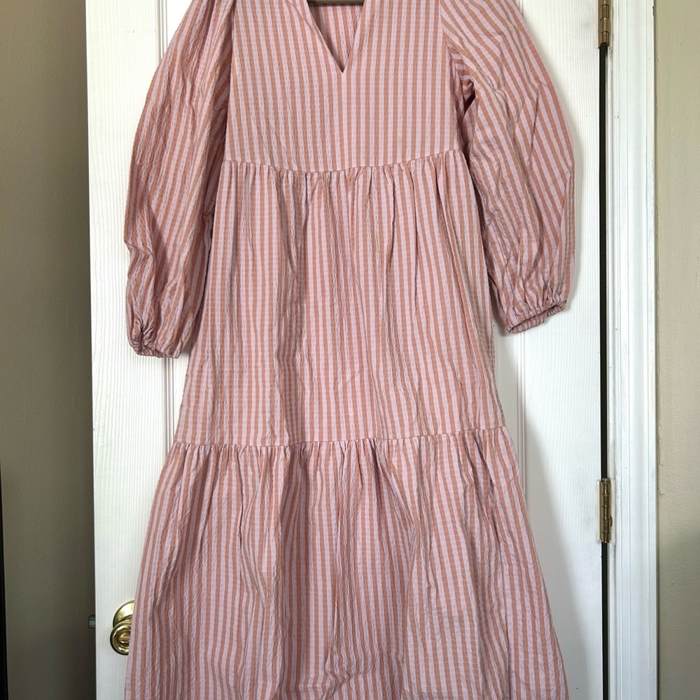 A New Day Pink Striped Maxi Dress with Puff 3/4 Sleeves, V neck, and POCKETS